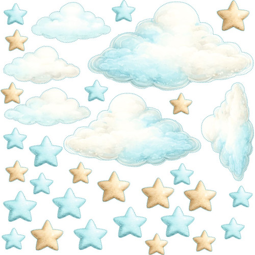 Csillagok és felhők falmatrica kiegészítő csomag, kék, bézs