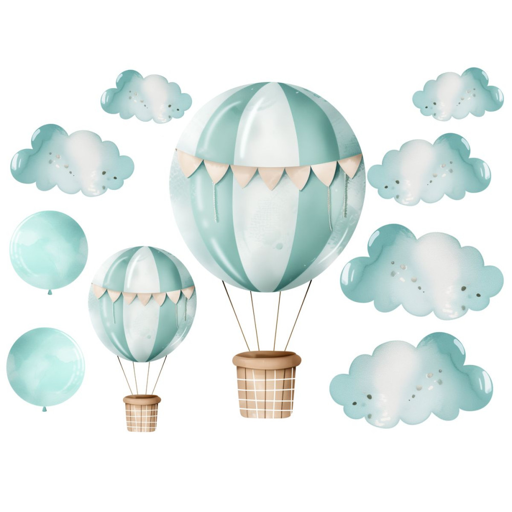 Hőlégballon és felhők, kiegészítő falmatrica szett, kék