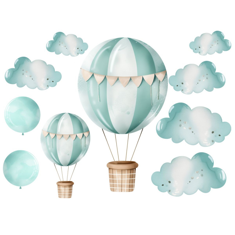 Hőlégballon és felhők, kiegészítő falmatrica szett, kék