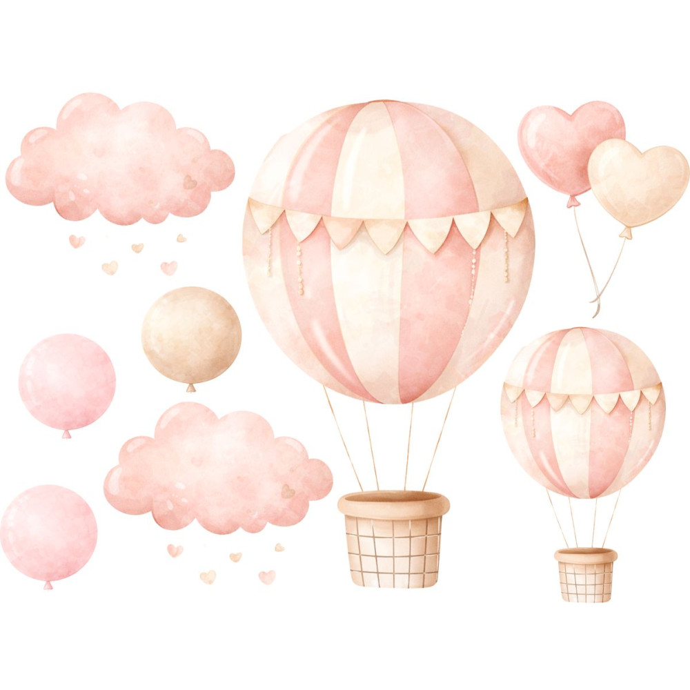 Hőlégballon és felhők, kiegészítő falmatrica szett, pink