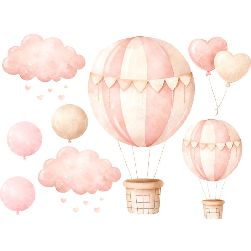 Hőlégballon és felhők, kiegészítő falmatrica szett, pink Hőlégballon és felhők, kiegészítő falmatrica szett, pink