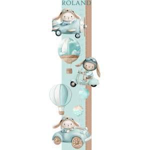 Nyuszi fiús, kék, repülős, autós magasságmérős falmatrica, névre szóló | 60 x 150 cm