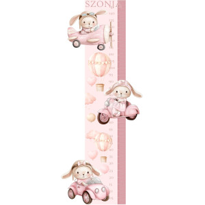 Nyuszi kislány, pink, repülős, autós magasságmérős falmatrica, névre szóló | 60 x 150 cm