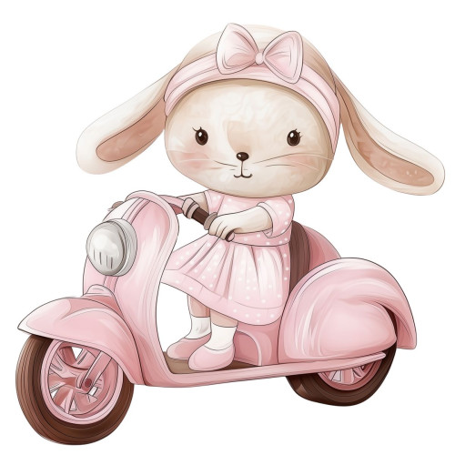 Nyuszi kislány motorozik, pink kislányszoba falmatrica