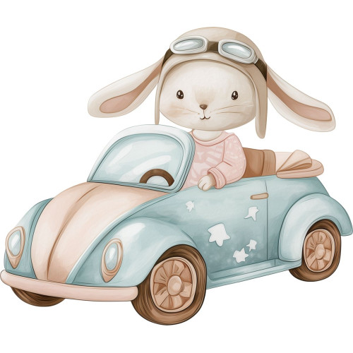 Nyuszi fiú autót vezet kék falmatrica