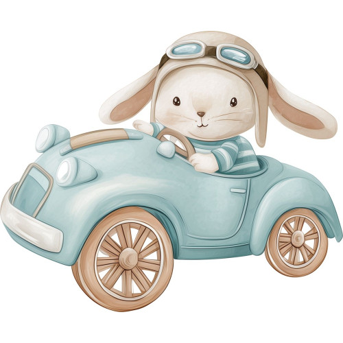 Nyuszi autóban utazik kék falmatrica gyerekszobába