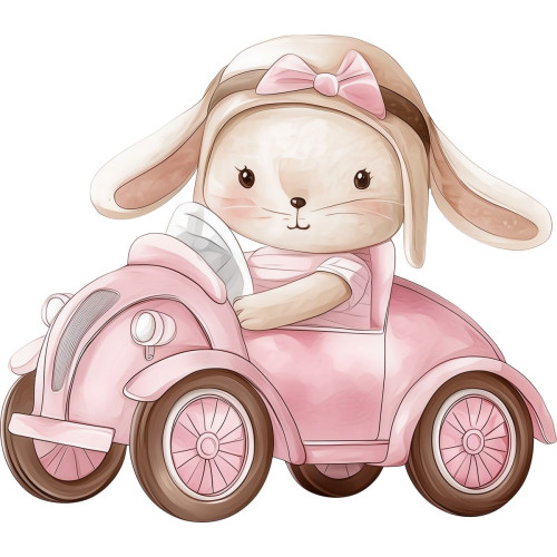 Nyuszi kislány autót vezet, pink kislány falmatrica