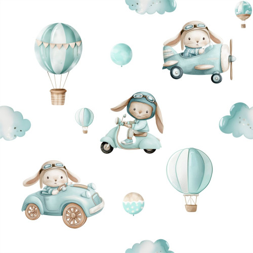 Nyuszi kisfiús kék repülős, autós gyerek tapéta | 50 cm x 250 cm