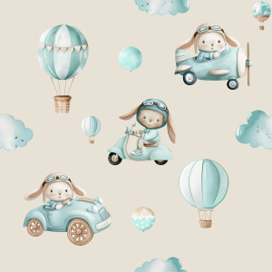Nyuszi kisfiús bézs repülős, autós gyerek tapéta | 50 cm x 250 cm