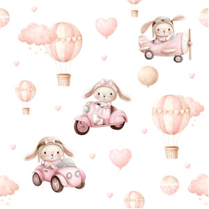 Nyuszi kislány pink repülős, autós gyerek tapéta | 50 cm x 250 cm