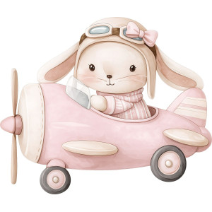 Nyuszi lány repülőn utazik, pink kislányszoba falmatrica