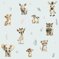 Szafari állatos gyerek tapéta, orosztlán, elefánt, tigris - menta | 50 cm x 250 cm