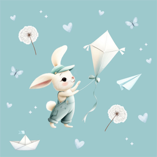 Nyuszis kisfiú tapéta, papírsárkány eregetős - kék| 50 cm x 250 cm