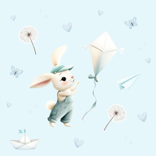 Nyuszis kisfiú tapéta, papírsárkány eregetős - világoskék | 50 cm x 250 cm