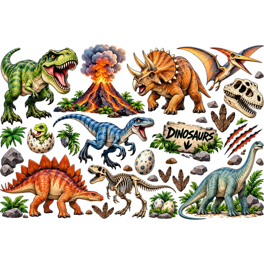 Dinoszauruszos faldekoráció szett – T-Rex, triceratops és vulkán Dinoszauruszos faldekoráció szett – T-Rex, triceratops és vulkán