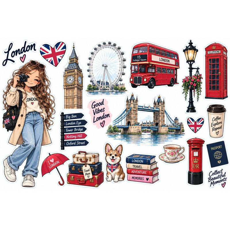 London utazós faldekoráció szett – Big Ben, London Eye, busz