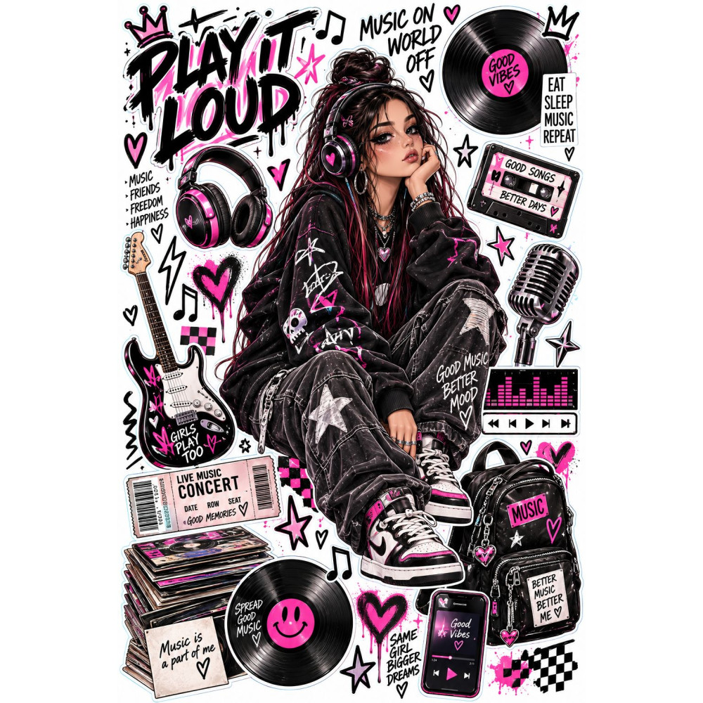 Music Girl faldekoráció szett – pink-fekete zenei street