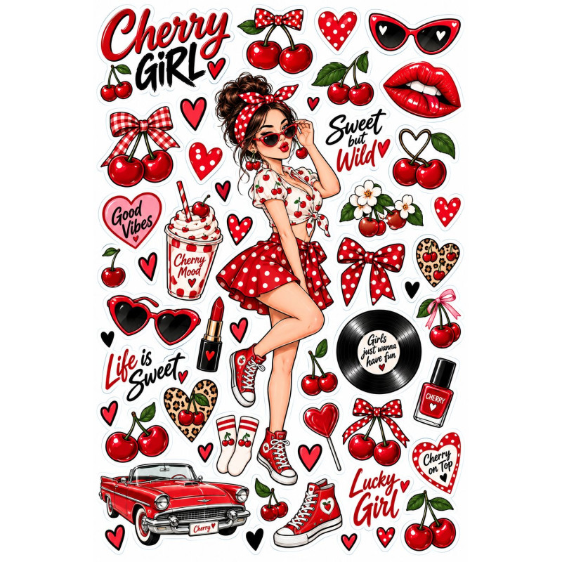Retro cseresznyés faldekoráció szett – Cherry Girl