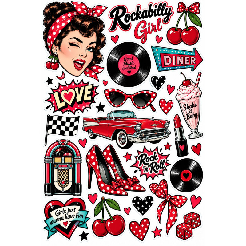 Rockabilly Girl faldekoráció szett – piros-fekete retro