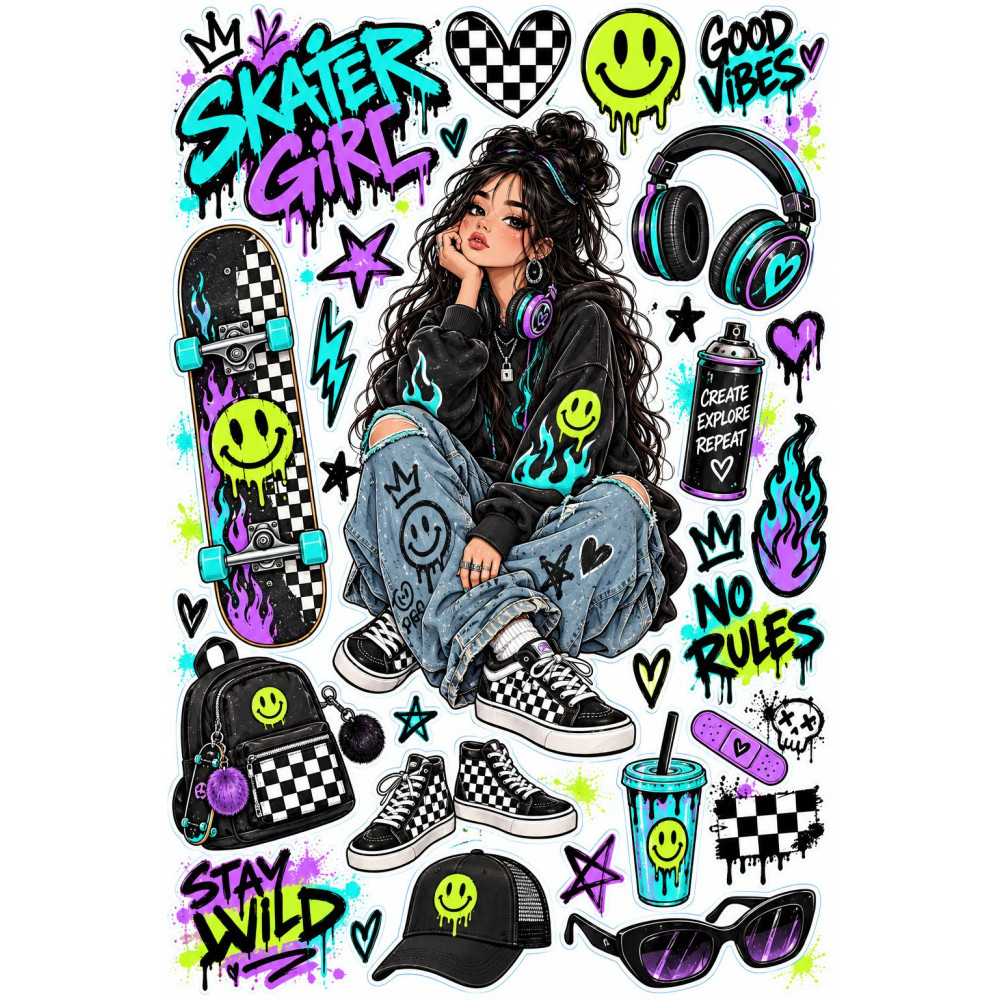 Skater Girl tini lány faldekoráció szett – graffiti stílus Skater Girl tini lány faldekoráció szett – graffiti stílus