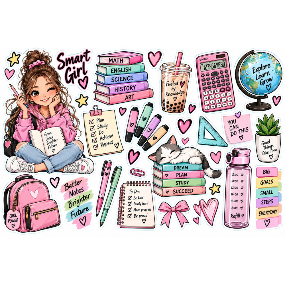 Smart Girl faldekoráció szett – tanulós pink iskolai minták