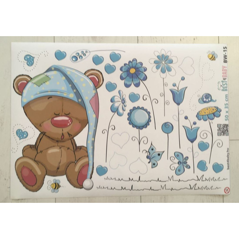Alvó maci kék virágokkal gyerekszoba falmatrica | 33 db-os szett | 70 cm x 45 cm-től