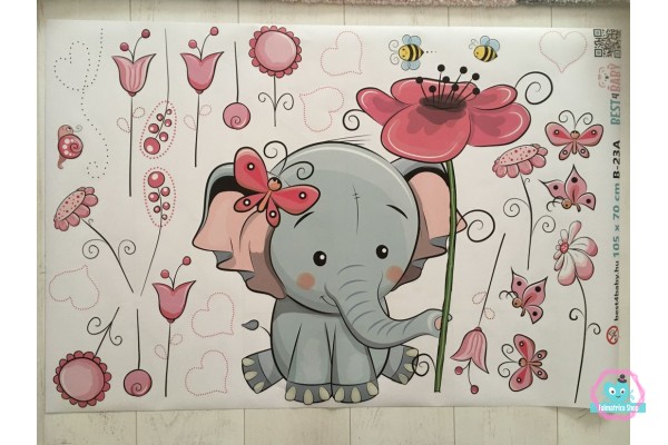 Elefánt virágokkal falmatrica  |  28 db-os szett | 70 cm x 45 cm-től