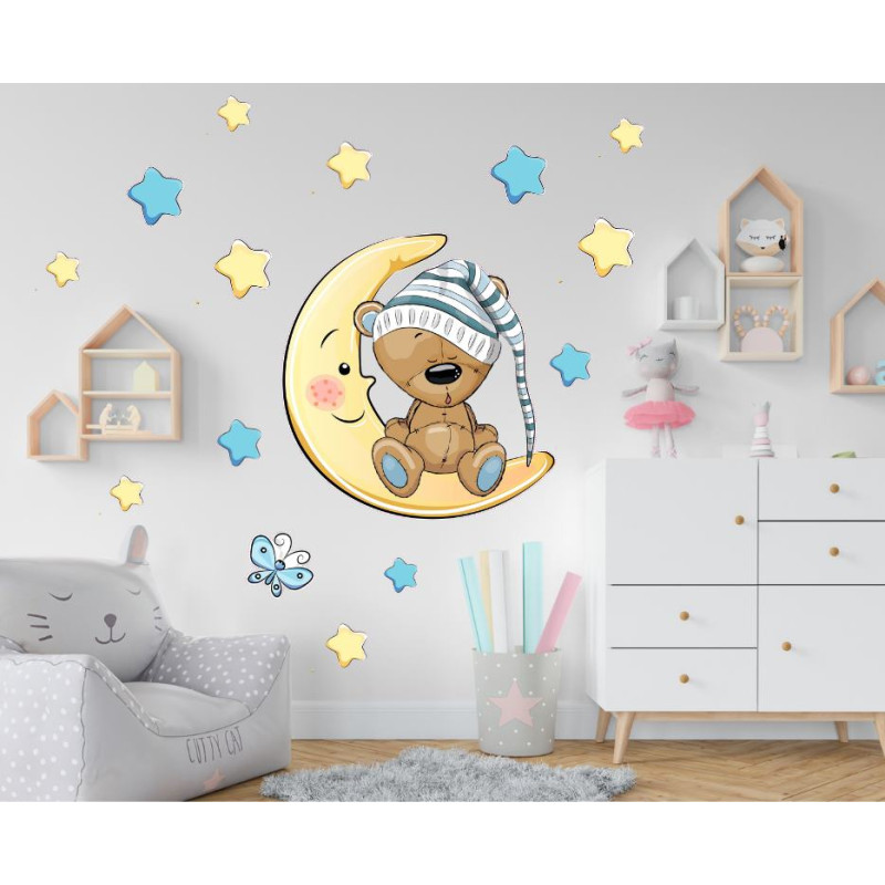 Maci holdon ül és alszik baba matrica, PRÉMIUM | 25 db-os szett | 70 cm x 45 cm-től