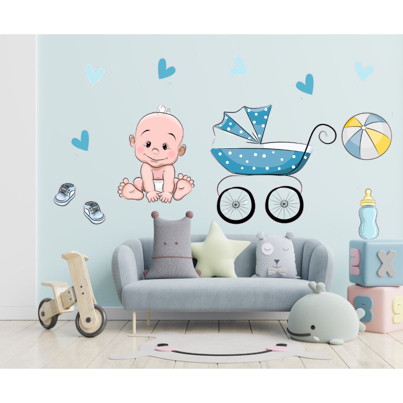Kisfiú babás falmatrica, babakocsis | 18 db-os szett | 70 cm x 45 cm-től