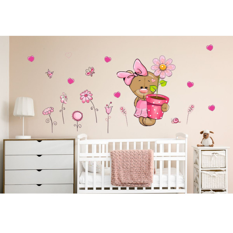 Kislány maci falmatrica, virággal | 41 db-os szett | 70 cm x 45 cm-től