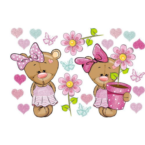 Maci kislányok virágokkal, glitteres falmatrica | 21 db-os szett | 70 cm x 45 cm-től