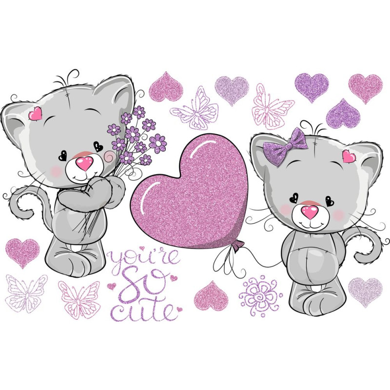 Pink virágos cicák virággal és lufival, szívekkel, lepkékkel falmatrica, csillámos | 16 db-os szett | 70 cm x 45 cm-től Pink virágos cicák virággal és lufival, szívekkel, lepkékkel falmatrica, csillámos | 16 db-os szett | 70 cm x 45 cm-től