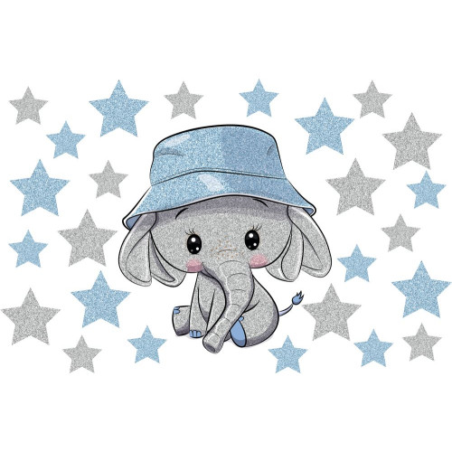 Elefántos, kék csillámos falmatrica | 26 db-os szett | 70 cm x 45 cm-től