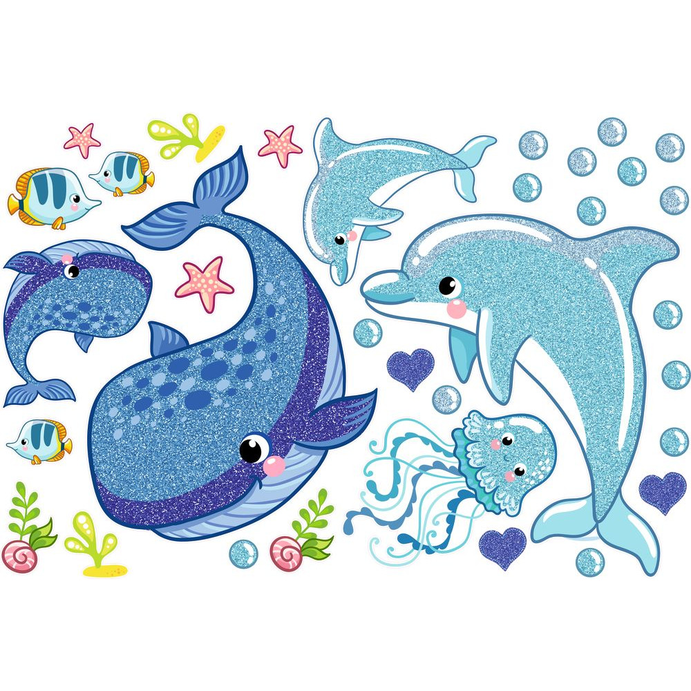 Delfin, bálna, tenger élővilága, csillámos falmatrica | 33 db-os szett | 70 cm x 45 cm-től