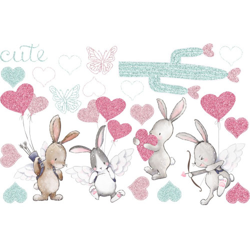 Pink-menta nyuszis, csillámos falmatrica csomag | 21 db-os szett | 70 cm x 45 cm-től