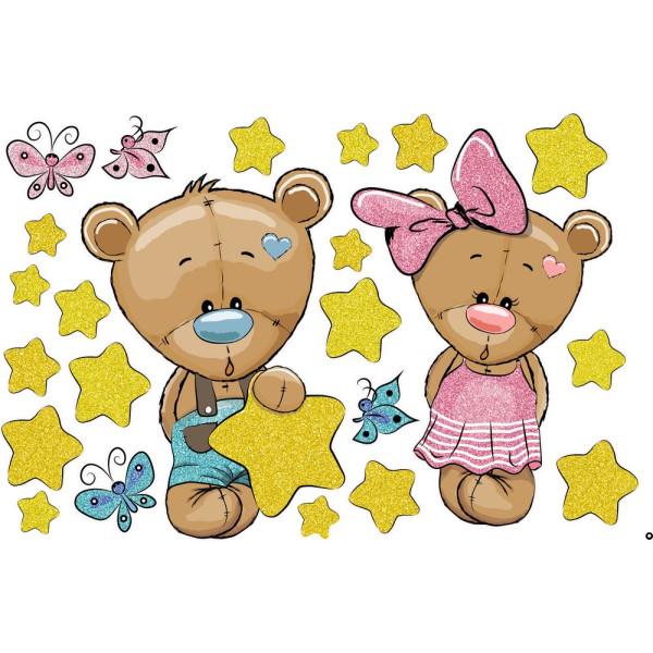 Maci kislány és kisfiú csillagokkal, csillámos falmatrica | 23 db-os szett | 70 cm x 45 cm-től