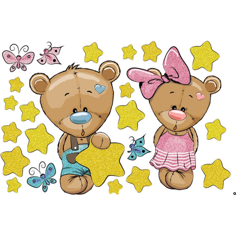 Maci kislány és kisfiú csillagokkal, csillámos falmatrica | 23 db-os szett | 70 cm x 45 cm-től