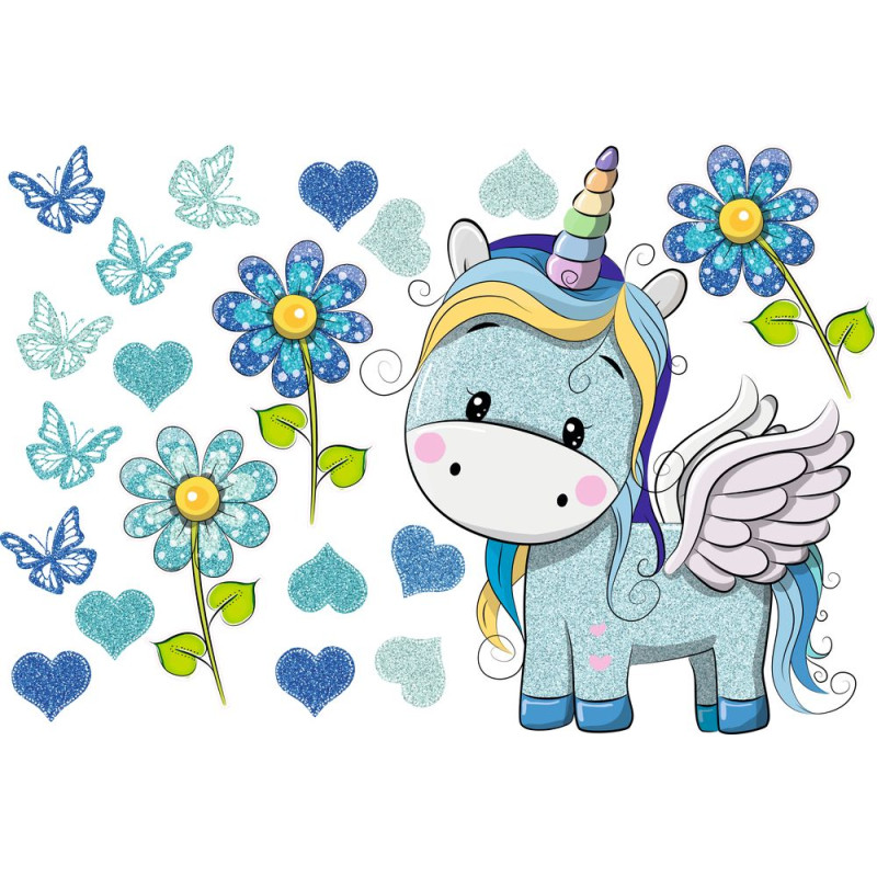 Kék egyszarvús falmatrica, szívekkel, lepkékkel, virágokkal, csillámos | 20 db-os szett | 70 cm x 45 cm-től