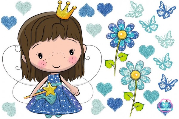 Kék királylányos falmatrica, szívekkel, lepkékkel, virágokkal, csillámos  |  16 db-os szett | 70 cm x 45 cm-től