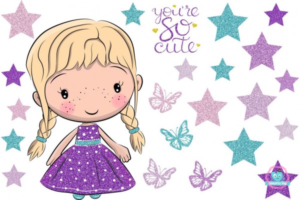 Lila ruhás szőke hajú kislány, csillagos glitteres falmatrica  |  23 db-os szett | 70 cm x 45 cm-től