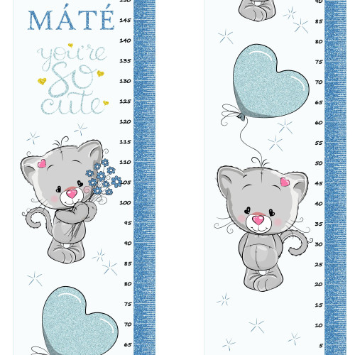 Cicák csillámos kék, világoskék magasságmérős matrica, névre szóló | 35 cm x 150 cm