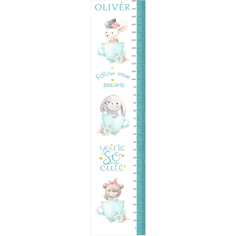Glitteres türkiz nyuszi, egérke, maci mintás magasságmérős matrica, névre szóló | 35 cm x 150 cm Glitteres türkiz nyuszi, egérke, maci mintás magasságmérős matrica, névre szóló | 35 cm x 150 cm