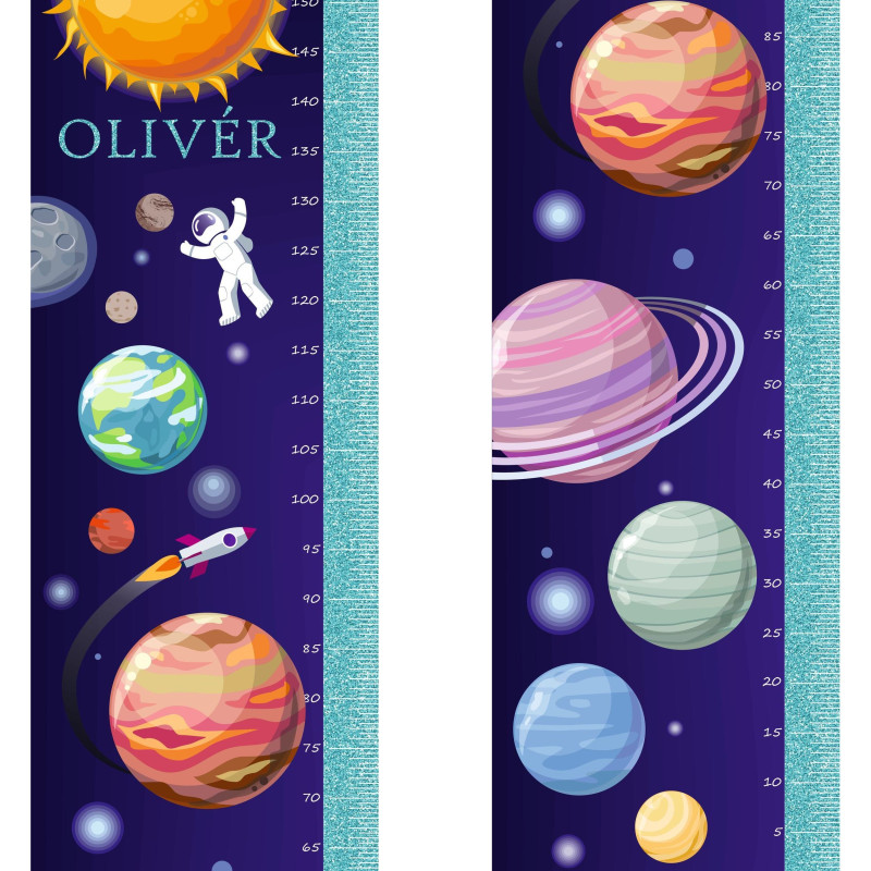 Glitteres univerzum, bolygós magasságmérős matrica, névre szóló | 35 cm x 150 cm