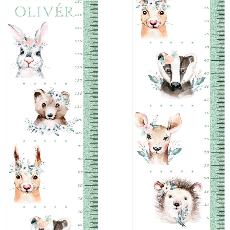 Glitteres, erdei állatos magasságmérős matrica, névre szóló | 35 cm x 150 cm