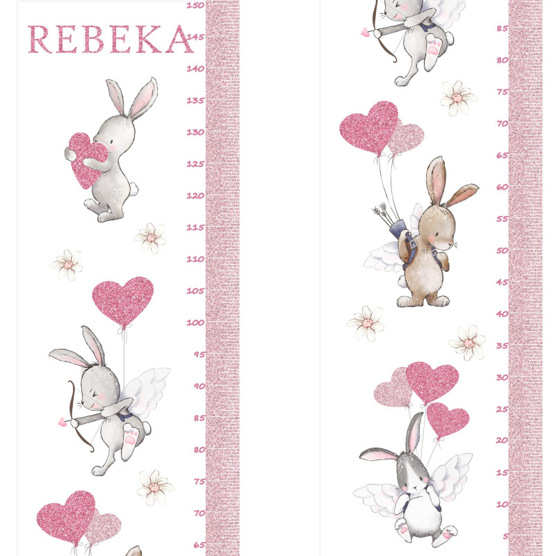 Csillámos nyuszik pink lufikkal magasságmérős matrica, névre szóló | 35 cm x 150 cm