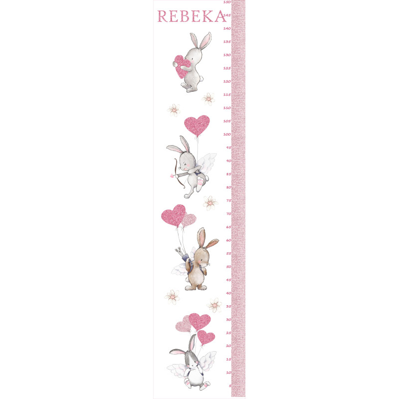 Csillámos nyuszik pink lufikkal magasságmérős matrica, névre szóló | 35 cm x 150 cm