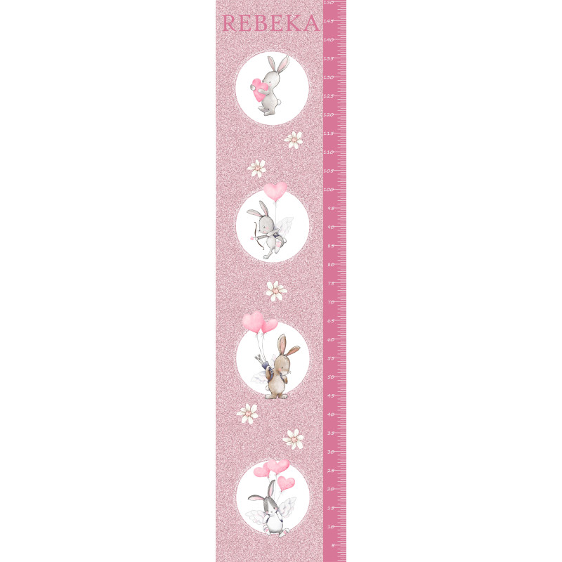 Csillámos nyuszik pinkmagasságmérős falmatrica, névre szóló | 35 cm x 150 cm