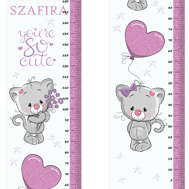 Cicák csillámos pink lufis magasságmérős matrica, névre szóló | 35 cm x 150 cm