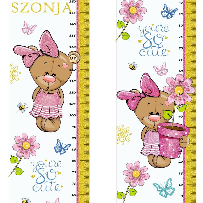 Kislány maci virággal, pink, arany színű glitteres magasságmérős falmatrica, névre szóló | 35 cm x 150 cm