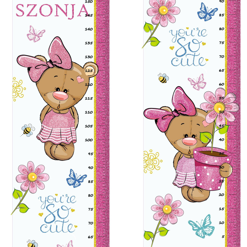 Kislány maci virággal, pink, arany színű csillámos magasságmérős falmatrica, névre szóló | 35 cm x 150 cm